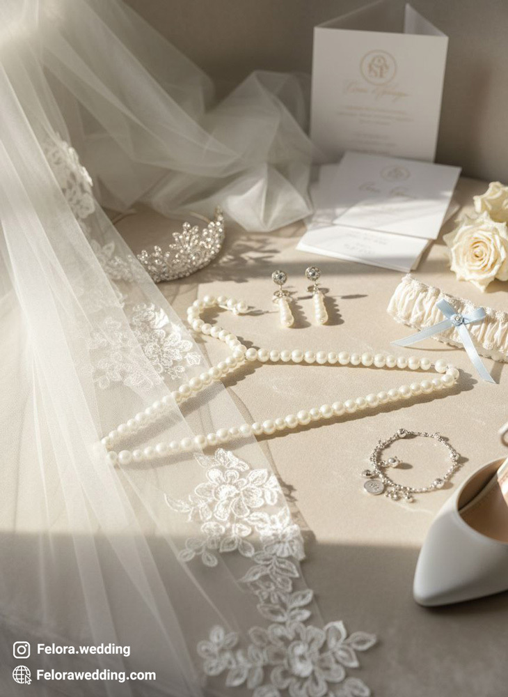  تصویر چوب لباسی تمام مرواریدی کنار اکسسوری های عروس 