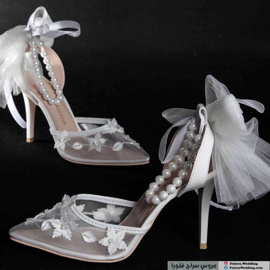  کفش توری عروس پاشنه باریک مدل ملیله دوزی | کد 0801 
