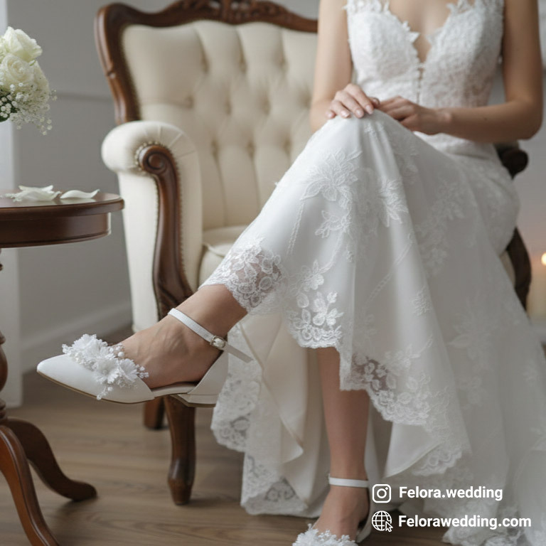  کفش تخت عروس مدل گل ریسه ای سفید | کد 0601 