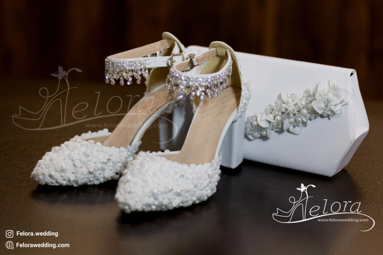 کفش پاشنه بلند عروس مدل پر شکوفه کیف ست مجزا | کد 0624
