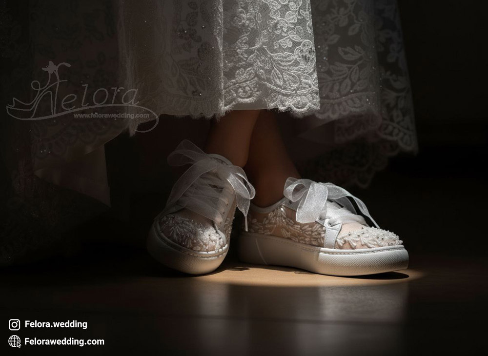  کتونی توری عروس تزیین شده مدل سپید | کد 0901 