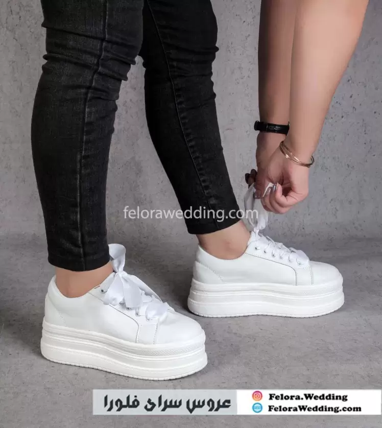 کتونی لژ بلند ساده سفید بند روبان | کد 0250