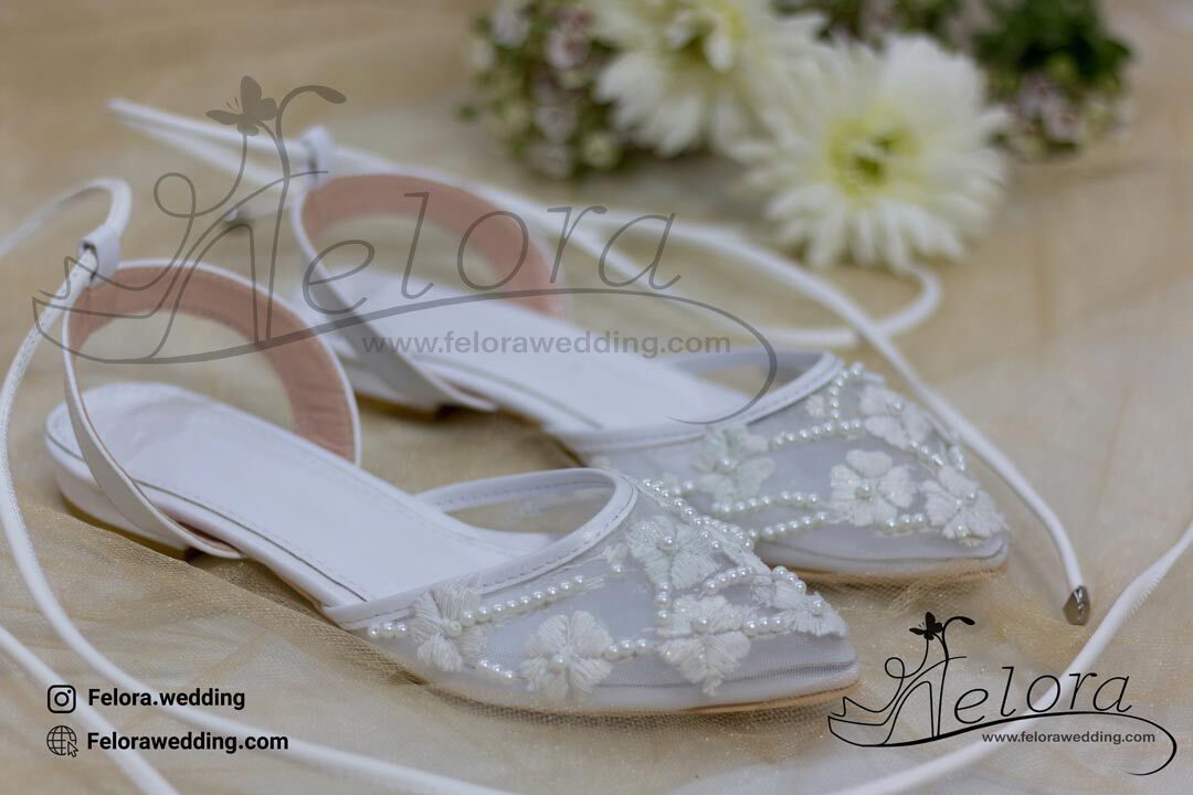  کفش توری عروس تخت مدل بابونه | کد b 0815 