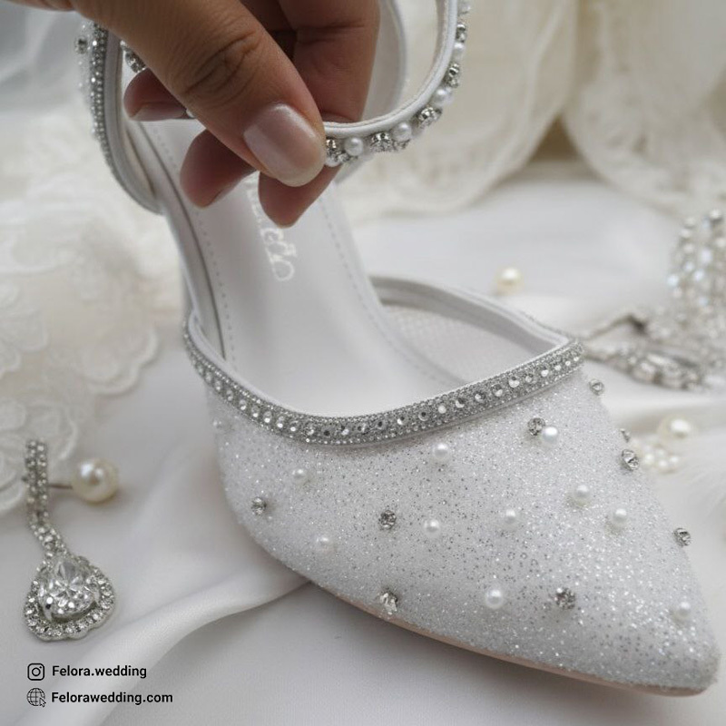 کفش توری عروس مروارید دوزی با کیفیت ساخت بالا | کد 0818