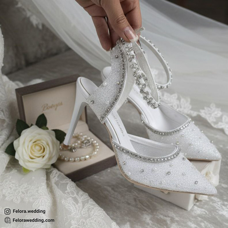 کفش توری عروس مروارید دوزی | کد 0818