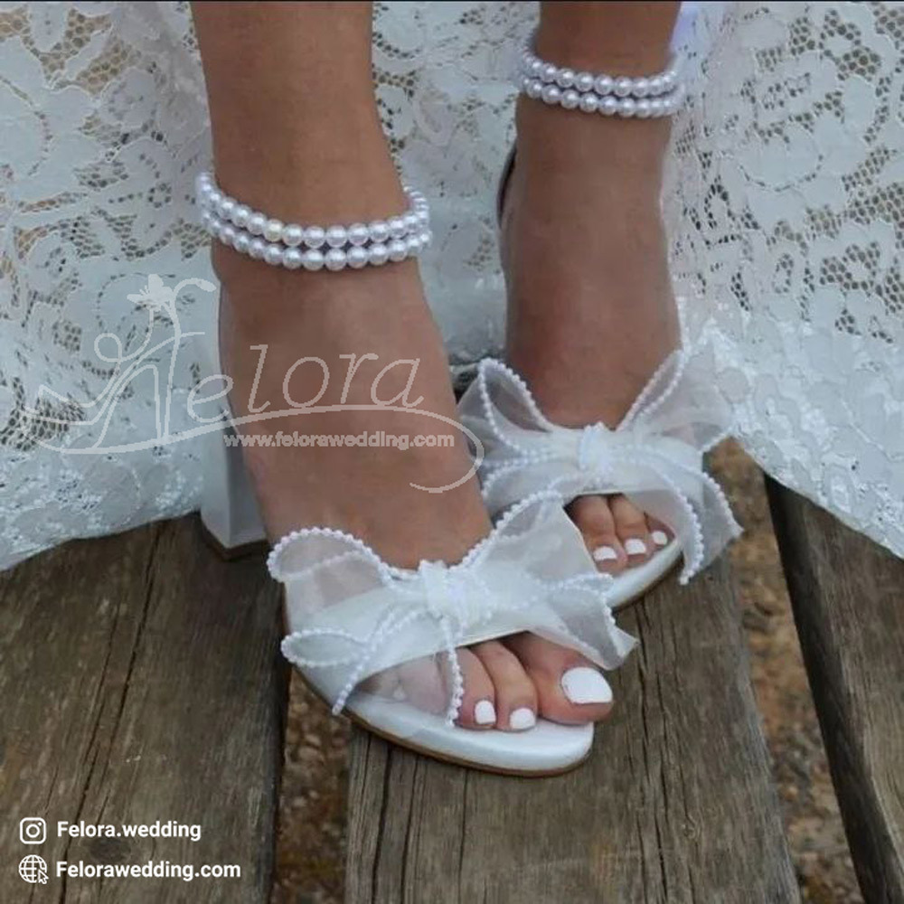  صندل پاشنه بلند مجلسی عروس مدل پاپیون مروارید دار کد 0107 