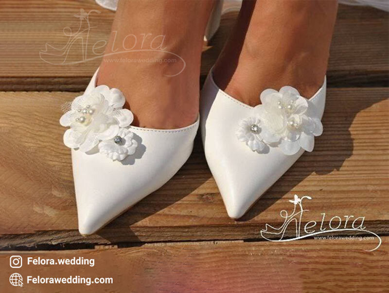 کفش پاشنه بلند سفید عروس تزیین مروارید و نگین | کد 0613 