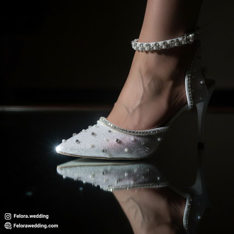 کفش توری عروس مروارید دوزی با جزییات | کد 0818