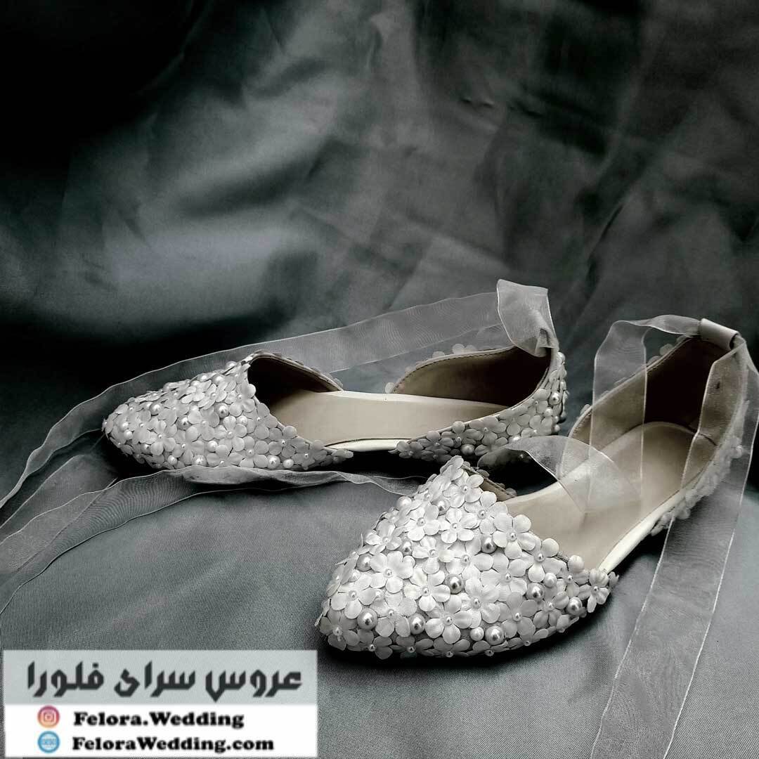  کفش عروس بدون پاشنه مدل گل و شکوفه و تور | کد 0361 