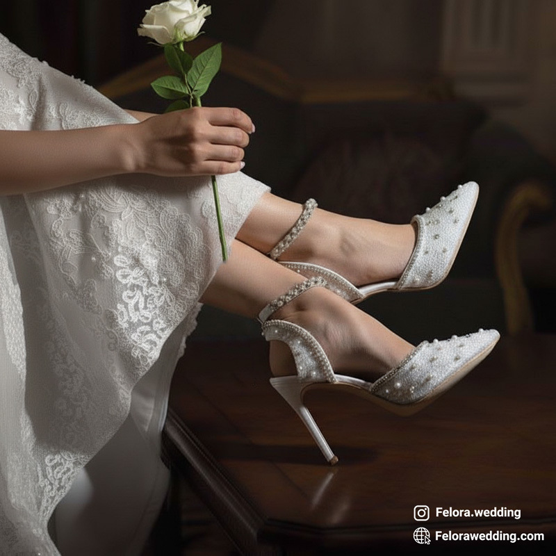 عکس کفش توری عروس مروارید دوزی به همرا شاخه گل | کد 0818