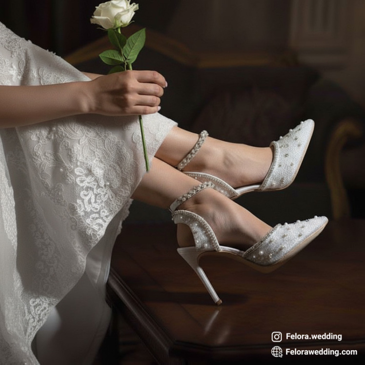 عکس کفش توری عروس مروارید دوزی به همرا شاخه گل | کد 0818